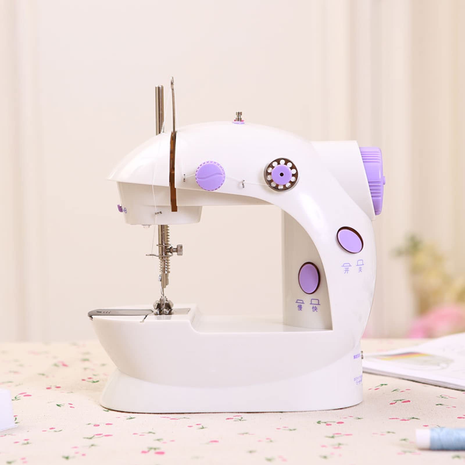 Macchina da cucire domestica 202A, mini macchina da cucire a doppio filo a 2 velocità e pedale, EU 220 V (viola)