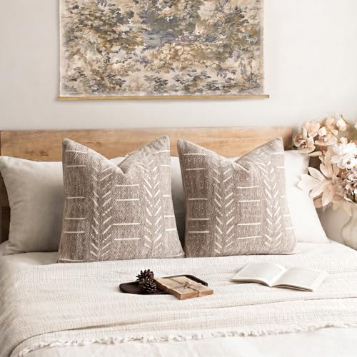Image of Foindtower Set of 2 Decorative Chenille Jacquard Throw Pillow Covers Textured Farmhouse Vintage Cushion Cover Neutral Boho Accent Home Decor For Sofa Chair Couch Bed Living Room,18x18 Inch,Light Taupe
