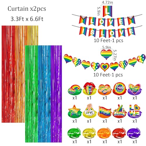 Image of Pride Party Decorations Set, LGBTQ Decor Kit Include 42 Balloons, 12 Rainbow Hanging Swirls, 2 Bright Love Banners, 2 Rainbow Foil Fringe Curtains for Pride Month Party Supply