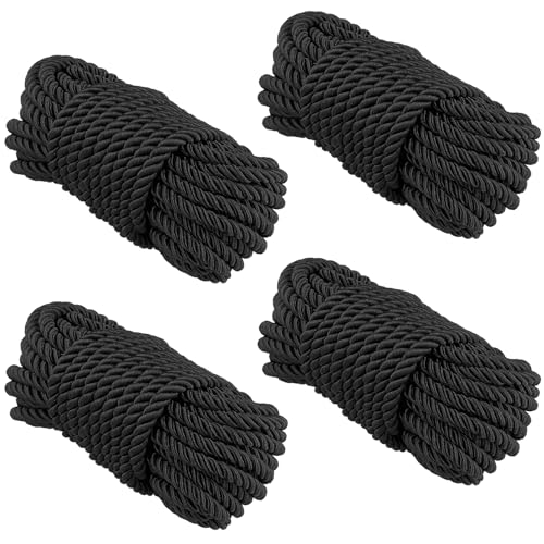 ZOENHOU 4 Pack 32 Feet Black Silk Rope, 8mm Soft Thick Rope Durable Long Multipurpose Braided Twisted