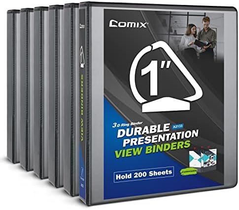 Comix Durable 3-Ring Binder with 1-inch D-Shaped Rings, Hold up to 225 Sheets of Letter Size Paper, 6 Pack (A2133 Black)