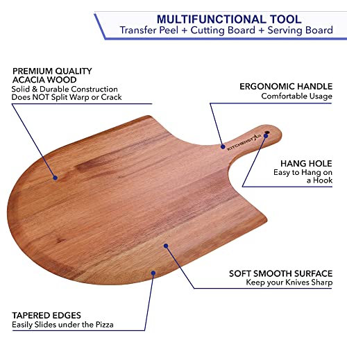 Kitchenstar Acacia Wood Pizza Peel 16 Inch - Extra Large Wooden Pizza Paddle Spatula For Oven - Beautiful Cutting & Serving Board With Handle - Pizza Oven Accessories #TOP1
