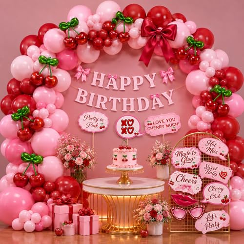 Image of Party Propz Cherry Theme Birthday Decoration Kit -115 Pcs, Birthday Decoration Items with Cherry Theme Props, Happy Birthday Banner, Balloons for Birthday, Birthday Decor Kit for Girls (Cardstock)