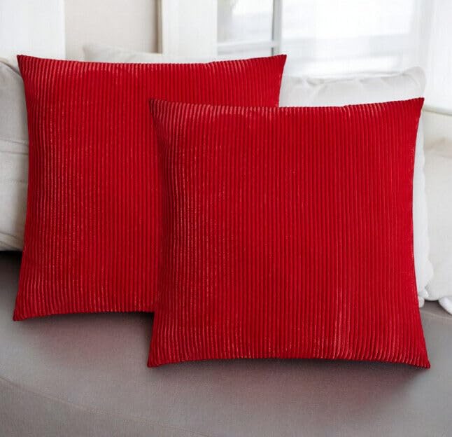 Seechoo Corduroy Cushion Covers, Set of 4, 40 x 40 cm, Plain Soft Striped, Assorted Colours (Red), 40 x 40 cm (Pack of 4) - Image 2