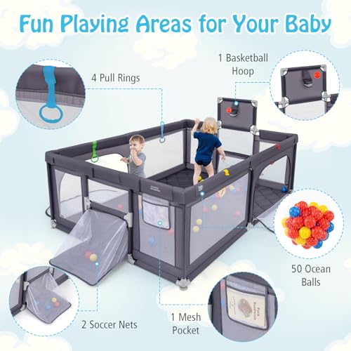 Costzon Large Baby Playpen, 81'' x 57'' Playpen for Babies and Toddlers w/Basketball Hoop & Soccer Nets, Pull Rings & Ocean Balls, Zippered Gates, Portable Indoor Safety Sturdy Play Yard