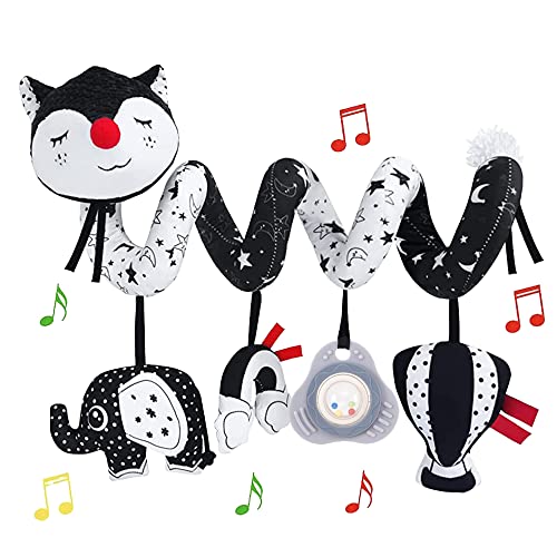 ORZIZRO Car Seat Toys, High Contrast Black and White Toy for Infants 0-3 6 12 Months, Musical Black Fox Carseat Toys Stroller Toy for Babies Newborns