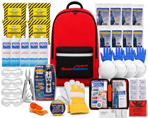 Ready America 72 Hour Deluxe Emergency Kit, 4-Person 3-Day Backpack, First Aid Kit, Survival Blanket, Power Station, Emergency Food, Portable Disaster Preparedness Go-Bag for Earthquake, Fire, Flood