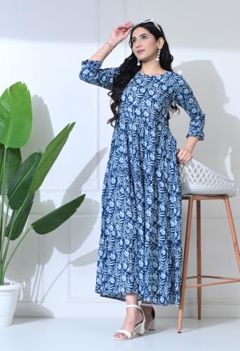 Image of Amazon Brand - Tavasya Women Botanical Floral Printed Maternity Midi Dress | Round Neck | 3 /4 Ruffle Sleeves | Concealed Feeding Zip | Gathered Tiered Nursing Dress