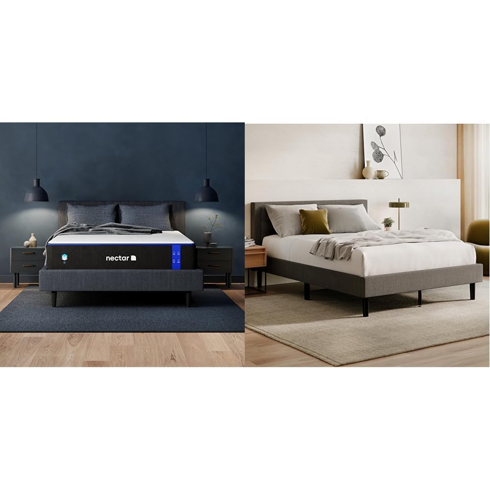 Nectar Full 12” Mattress with Bed Frame &amp; Headboard - Grey - Medium Firm Gel Memory Foam - Cooling Comfort Technology - 365-Night Trial - Forever Warranty - Easy Assembly - 8 Inch Legs - Wooden Slats