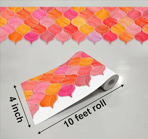Image of WallDesign Mosaic Lantern Red Orange Shades - 4 in X 10 Feet Self-Adhesive Wallpaper Border Sticker for Kitchen Backsplash, Furniture, Wall, Cupboard, Staircase