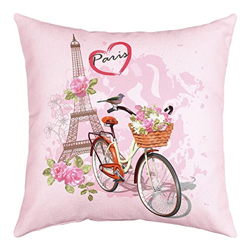 richhome Housse de coussin romantique de Paris - Motif Tour Eiffel - Style vintage - Motif floral - Rose - Doux - Pour salon, canapé - 40,6 x 40,6 cm