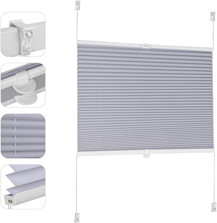 Sekey Plissee ohne Bohren Verdunkelung, Fenster Plissee Klemmfix Jalousie 130 cm breit, Verspannt Blickdicht Sonnenschutz Fensterollo, 130x150cm, Blaugrau