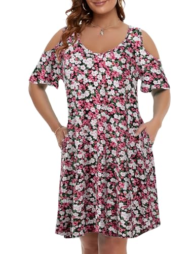 Image of JollieLovin Womens Plus Size Short Sleeve Cold Shoulder V Neck T-Shirt Dress with Pockets