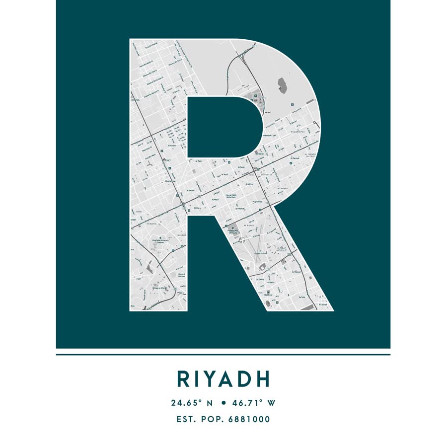 Wee Blue Coo Riyadh Saudi Arabia City Map Teal Colour Block Modern Typography Stylish Letter Unframed Word Wall Art Print Poster for Home Décor CITYMAP1