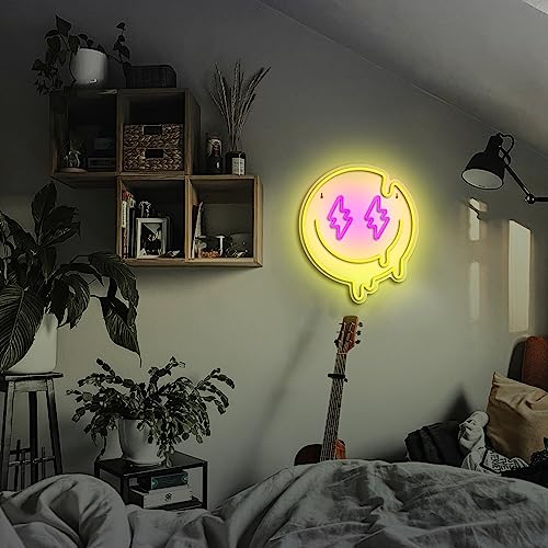 Image of Melting Smile Face Neon Sign Dimmable Melted Smiling Face Neon Signs for Wall Decor Neon Smile Light Signs for Kids Room Party Bedroom Wall Art Decor USB Powered Holiday Gift