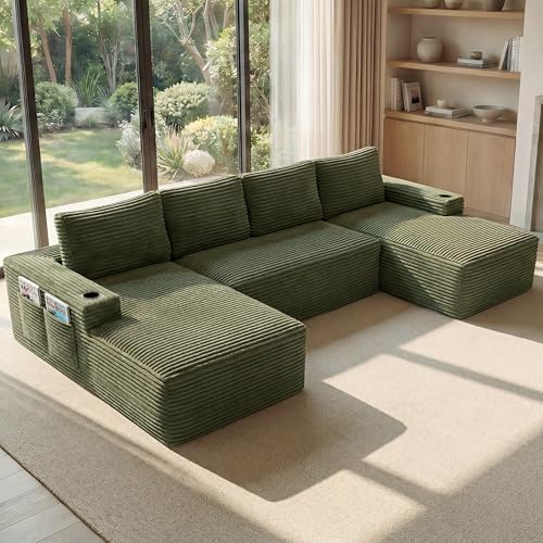 Image of Oversized Cloud Boneless Couch with Chaise, Modern Modular Sofa with Deep Seat, Corduroy Upholstered U Shaped Couch for Living Room, No Assembly Required (Olive Green)