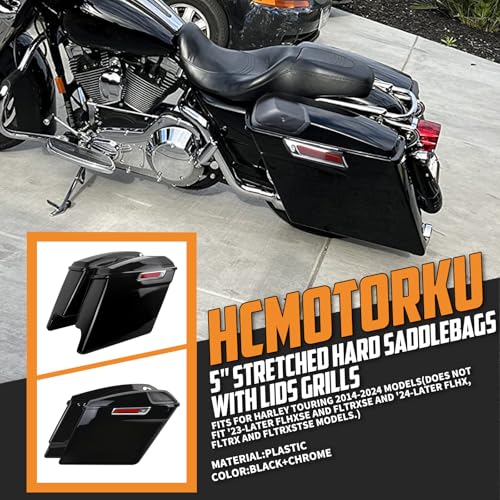 Alforjas rígidas estiradas de 5 pulgadas con tapas de altavoz para motocicletas Harley Touring: Road King, Road Glide, Street Glide, Electra Glide, Ultra Limited (2014-2023), cierre cromado rojo con reflector miniatura 2