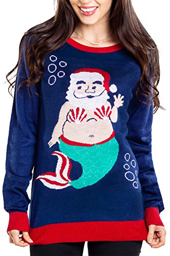 Tipsy Elves Women s Mermaid Santa Claus Ugly Christmas Sweater - Funny Underwater Blue Winter Holiday Pullover Size: Medium