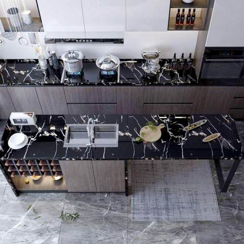 Image of Black and Gold Marble with Gold Lines Self Adhesive Peel and Stick Wallpaper for Walls, Kitchen Tabletop, Almirah, Furniture, Office, etc (16x48 Inch) (Black and Gold)