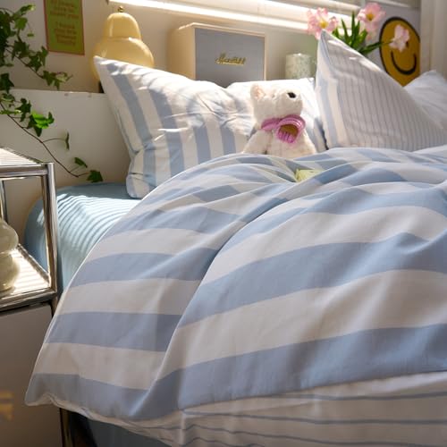 Image of VM VOUGEMARKET Queen Duvet Cover Set Blue White Striped Teens Boys Dorm Bedding Set Soft Lightweight Reversible Microfiber Farmhouse Duvet /Quilt Cover with Zipper-90 x90,Blue White