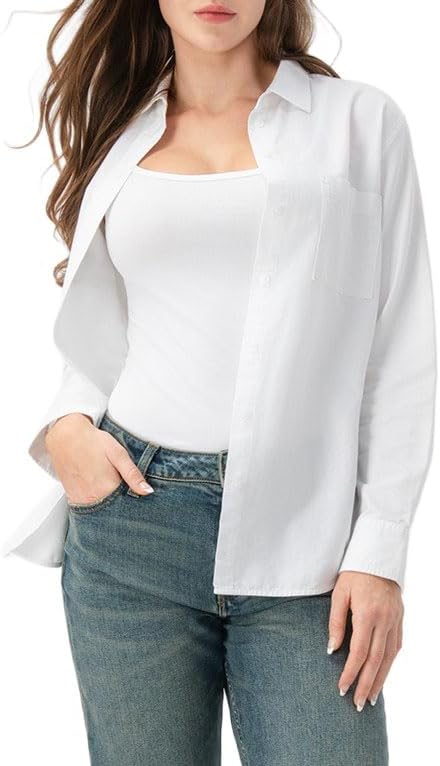 Women's Button Down Shirts Work Office Business Blouses Soft Casual Oversized Style Boyfriend Tops with Pockets