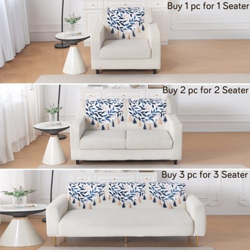 Image of HOKIPO Premium Sofa Backrest Cover Mat | Printed Holland Velvet with Tassels | 'Whispers of Nature' Indigo Foliage (IN-1116-D10)