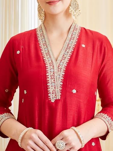 Image of MOKOSH Women's Silk Embroidery Anarkali Kurta Pant with Dupatta | Anarkali Kurta Set |Embroidered |V Neck Full Sleeve Ethnic Suit |3 Piece Outfit