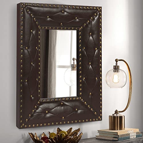 Image of Unique Makeup Mirror Dressing Rectangle Wall Mounted Vanity with Fabric PU Covered MDF Rivet Framed, Rustic Home Decor, Living Room, 21x26inch