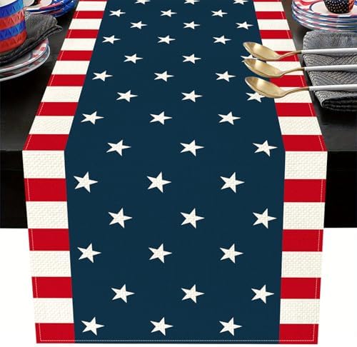 4th of July America Stars Stripes Patriotic Table Runner, Red Whi...