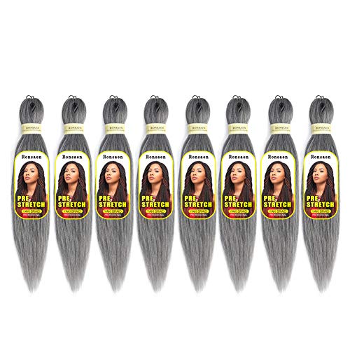 Ronsaen Yaki Pre-stretched Braiding Hair Braid Professional Crochet Braids Braiding Hair Extension (24inch,8pcs, T-Gray)
