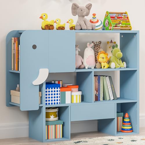 Timy 3-Tier Montessori Bookshelf with Elephant Shape 7 Cubbies Toy Storage Organizer with Drawers Kids Bookshelf for Playroom Living Room Nursery School Blue
