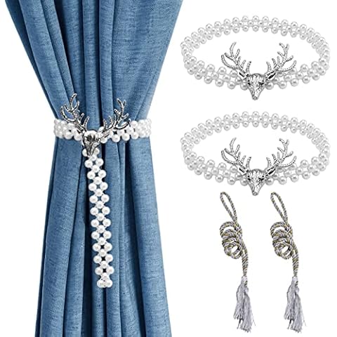 Curtain Tie Backs - 2 Pack Metal TieBacks with Classy Small Pearl, Elastic Rope Curtains Hold Holdbacks for Home Office Hotel Window Drape Deco No-Install/Drill/Hooks (Silver Deer) Cover