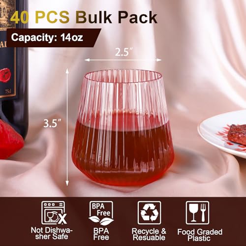 Image of Lueumxc 40 Pack Plastic Ribbed Wine Glasses, 14Oz Origami Disposable Wine Glasses Unbreakable Clear Plastic Cocktail Glasses Recyclable Shatterproof Reusable Wine Cups (14oz-pink-40pack)