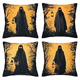 Kissenbezug 50x50 4er Set Kissenbezug Halloween Dekokissenbezug Sofakissenbezug Samt Dekorative Weich Zierkissenbezug Moderne Dekokissen Kissenhülle für Schlafzimmer, Sofa, Stuhl, Bett, (Furcht) C-18