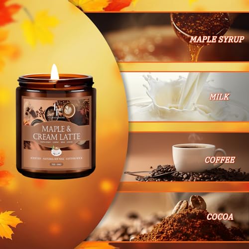 Image of Fall Candle, Maple & Cream Latte Scented Candles for Home, Natural Soy Autumn Candle Aromatherapy Candle, 7 oz Jar Candles Fall Gifts for Women Men