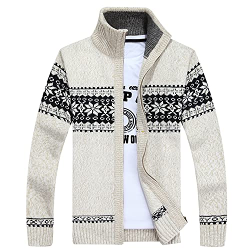 Lu's Chic Men's Cardigan Sweaters Winter Thick Knit Heavy Knitted Norwegian Casual Slim Fit Full Zip Up Fashion Zipper Sweater Jacket Male Sweater Coat Beige White Large