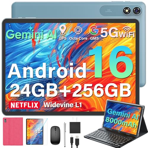 Image of 2026 Upgraded Android 16 Tablet, 10 inch Tablet with Keyboard, 24GB+256GB+2TB Expand, Gemini AI Tablet PC with 8-Core, 8000mAh, WiFi, GPS, Electronic 2-in-1 Tablets with Case, Mouse, Stylus (Pink)