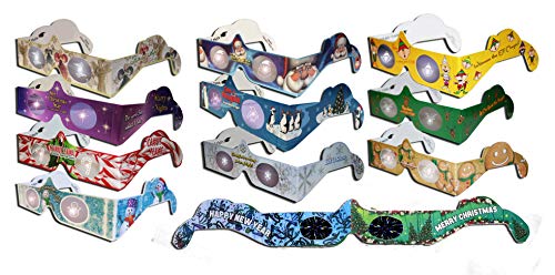 HolidayEyes(R) Christmas 3D Glasses Christmas Glasses 11 Pair Variety Pack - See Santa, Snowman, Reindeer, Candy Canes, Elves, etc, and 1 Christmas/New Years Fireworks Glasses - All Folded