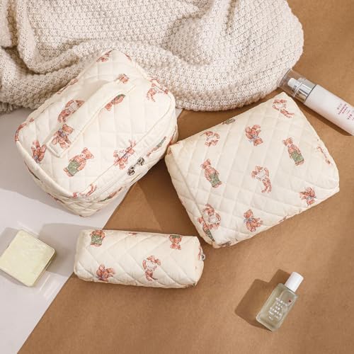 3 Pcs Quilted Cotton Makeup Pouch, Coquette Floral Quilted Toiletry Makeup Bag for Women and Girls, Aesthetic Travel Organized Cosmetic Bags(03Bear Pattern)3