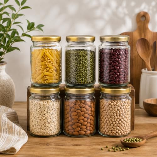 Image of Pure Source India Premium 800gm Clear 6 Pcs Glass Jar with Gold Lug Cap | Airtight Food Storage Jar for Honey, Jam, Pickles, Spices & Preserves