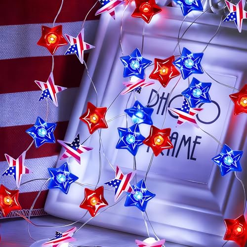 ITICdecor 4th of July Decoration 30 LED Star String Lights Battery Operated with Timer Patriotic Star Fairy Lights for Independence Day President Day Memorial Day Indoor Outdoor Décor