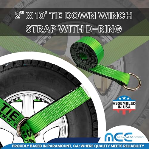 Image of Mega Cargo Control 2 inch x 10' D-Ring Lasso Strap & Recovery Auto Tie Down for Wheel Lift, Trailer, Tow Truck (8 - Pack)