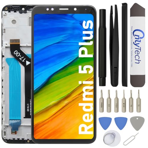 OnlyTech - Pantalla LCD completa con chasis ensamblado de repuesto para Xiaomi Redmi 5 Plus, color negro con kit de reparación de 15 herramientas