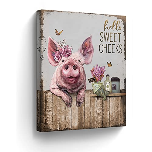 Kateflower CANVASART-509685461_OCF Pigs Bathroom Decor Wall Art Funny Pink Pigs Pictures Wall Decor Farmhouse Animals Pig Vintage Painting cover