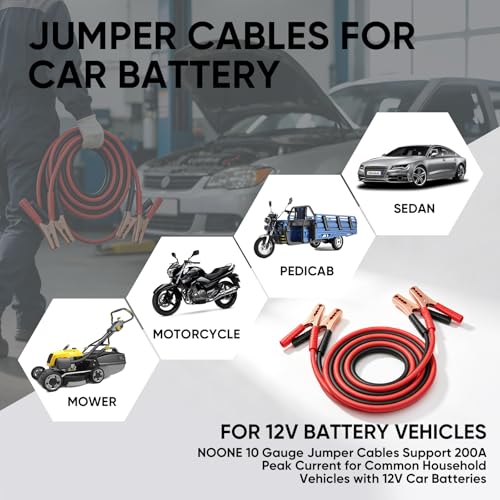 Image of NOONE Jumper Cables for Car Battery, Heavy Duty Automotive Booster Cables for Jump Starting Dead or Weak Batteries (10-Feet (10-Gauge)