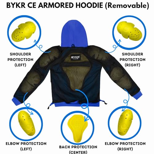 BYKR Motorcycle Hoodie for Men & Women Biker Motorcycle Jackets Breathable Motorbike Riding Sweatshirt All Weather CE Armored (Blue,L), Large