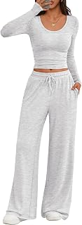 Trendy Queen Women's 2 Piece Lounge Set: Scoop Neck Top & Wide Leg Pants Y2K Sweatsuit for Travel Airport Outfits