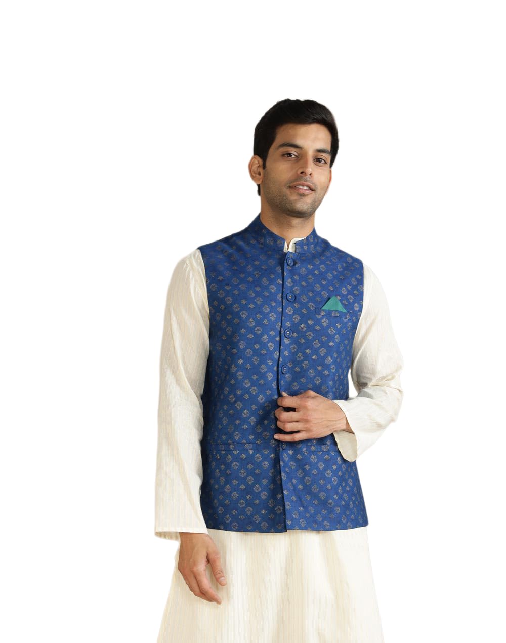 fabindia Blue Viscose Silk Hand Block Printed Nehru Jacket-picture-14