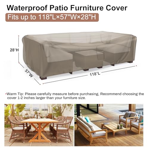 Image of Mrrihand Outdoor Patio Furniture Covers Waterproof 118 inchLx57 inchWx28 inchH Brown | All Weather Protection Against Rain, Dust & UV Rays; Fits Dining Table & Chair or Sectional Set, Heavy-duty for Patio & Deck