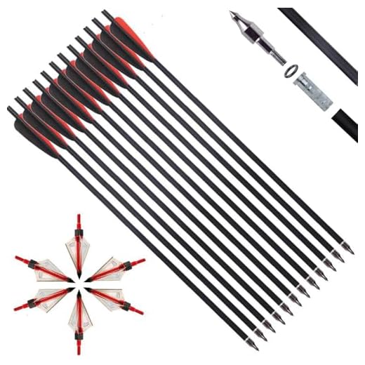 IRQ 20 Inch Crossbow Bolts and Crossbow Broadheads Set, Carbon Crossbow Arrows for Hunting and Outdoor Practice, 12 Red Arrows, 6 Broadheads(18 Pack)(Black and red)